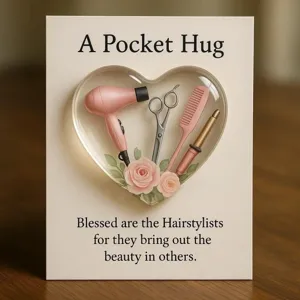 Carta regalo pocket hug parrucchiera con mini strumenti per capelli cuore in resina.