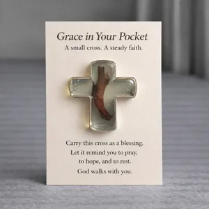 Pocket cross detail view, inspirational blessing card design, religious gift item.