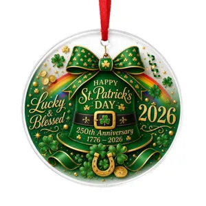 St. Patrick's Day 250th Anniversary acrylic hanging ornament, festive green hat design for car or tree.