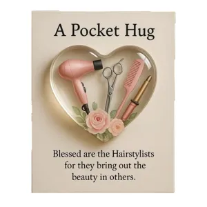 Pocket hug greeting card with miniature hairstylist tools gift for hair dresser appreciation.