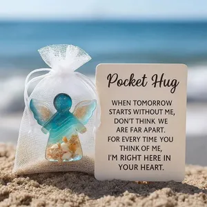 Pocket hug angel glass figurine with greeting card in mesh pouch beach decor