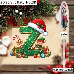 Detailed view of 2D acrylic Christmas letter Z ornament with festive elf design and decor.