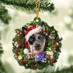 Christmas acrylic wreath pendant detail, cute puppy design, festive holiday tree hanging ornament.