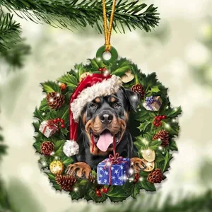 Christmas Rottweiler dog acrylic wreath pendant detail shot, festive tree hanging ornament.