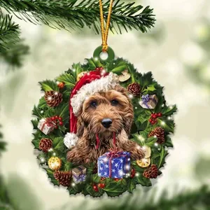 Christmas acrylic dog wreath ornament, festive hanging decoration for tree, holiday gift prop.