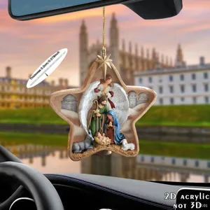 Acrylic Christmas Nativity scene hanging ornament, 2D flat star pendant for car and tree.