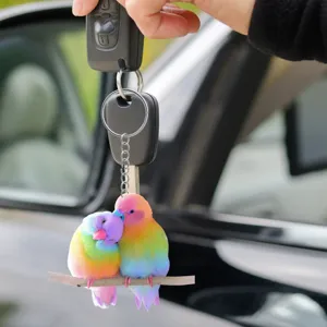 Colorful lovebird keychain detail, cute couple bird ornament for car keys and backpacks.