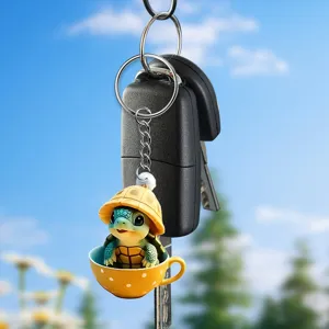 Cute turtle in teacup keychain, stylish acrylic bag charm and car rearview mirror accessory.