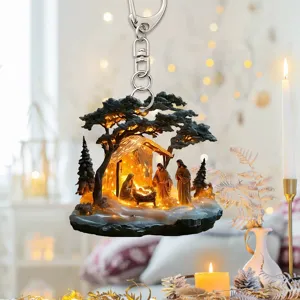 Porte-clés Nativité en Acrylique Forêt au Clair de Lune Naissance de Jésus Ornement Suspendu pour Rétroviseur de Voiture Pendentif de Sac à Dos Cadeau