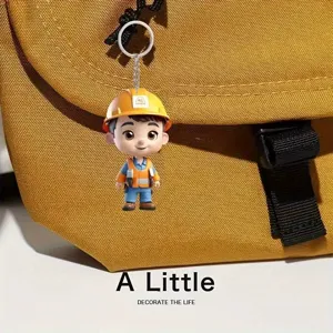 Cute 2D acrylic construction worker keychain pendant detail view, lovely bag charm ornament.