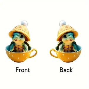 Cute cartoon turtle acrylic keychain pendant with yellow cup design front and back view