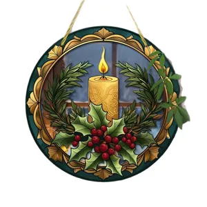 2D flat acrylic round hanging ornament with Christmas candle and holly berry pattern.