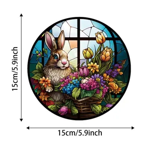 Stained glass rabbit suncatcher window hanging floral basket home wall decor 15cm.