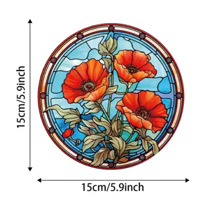 Stained glass red poppy flower window suncatcher circular hanging pendant for home decor