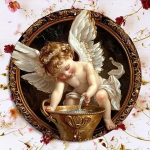 Detailed view of the vintage angel wall plaque featuring classic cherub art and gold frame.