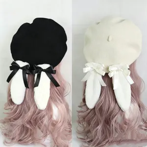 Cute Lolita Lop-Eared Bunny Ear Beret Hat Sweet Girl Kawaii Bow Polyester Knitted Cap For Women Winter Warm Fashion Accessory
