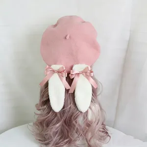 Sweet lolita pink beret with white plush bunny ears and cute satin bowknot, kawaii cute hat.