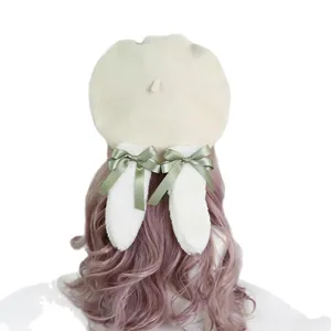 Cute Lolita wool beret with plush rabbit ears and green bows for sweet girl style