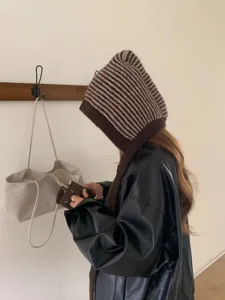 Korean style striped balaclava knit hat, winter warm ear protection hooded scarf for women.