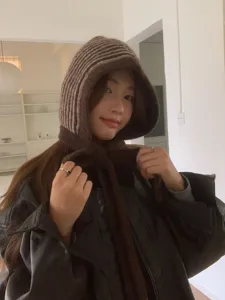 Brown striped knitted balaclava hood for women, cozy winter thermal earflap beanie hat.