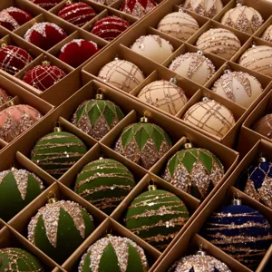Sfere di Natale flocchate e dipinte di lusso in scatola ornamenti decorativi per albero.