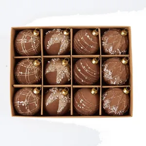 Palline di Natale floccate set 12 ornamenti marroni con glitter e perle decorazione.