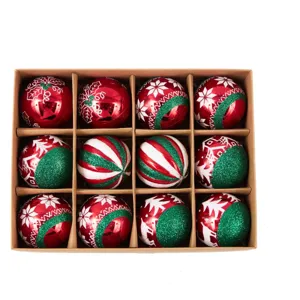 12er Set Weihnachtskugeln für den Baum, rote und grüne Glitzer Schneeflocken Dekoration.