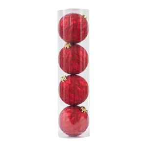 Bolas de Navidad rojas con patrón de diamantes en tubo transparente para decoración festiva.