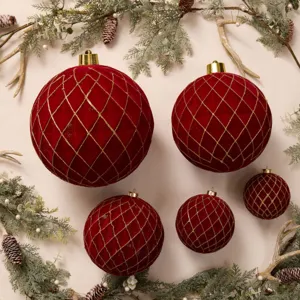 Palline di Natale in velluto rosso floccate con motivo a griglia glitter oro decoro