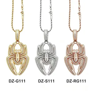 Detailed view of iced out spider pendant necklace with cubic zirconia in gold, silver and rose gold.