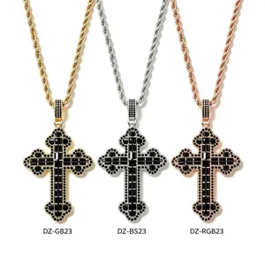 Punk Retro Cross Pendant Necklace For Men Copper Rope Chain Full Rhinestone Hip Hop Jewelry