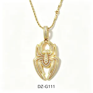 Close-up of hip hop spider pendant necklace, gold plated micro paved cubic zirconia detail.
