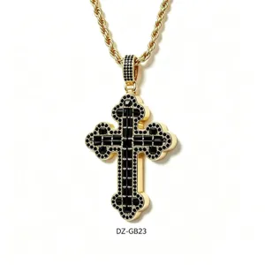 Mens hip hop black rhinestone cross pendant necklace with gold twisted rope chain detail