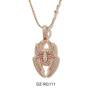 Close up detail of the hip hop full rhinestone spider pendant in rose gold finish.