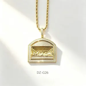 Detailed close-up of iced out last supper pendant necklace in gold tone with shimmering zircons.
