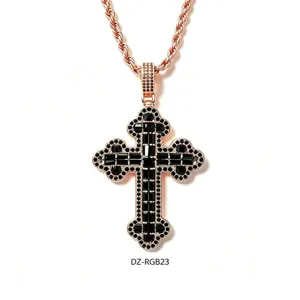 Detailed close-up view of the rose gold cross pendant necklace featuring black stones.