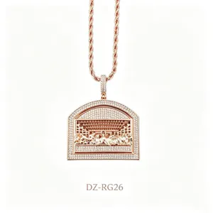 Detailed view of the men hip hop rose gold pendant necklace featuring The Last Supper relief design.