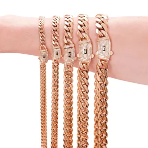 Collier chaîne cubaine en zirconium or rose bijou hip-hop en acier inoxydable homme