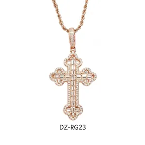 Mens hip hop iced out cross pendant necklace in rose gold stainless steel rope chain jewelry