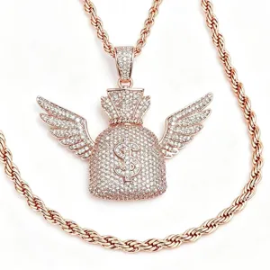 Hip hop iced out money bag wings pendant necklace with rope chain for men hiphop jewelry