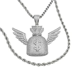 Men's Hip Hop Full Zirconia Money Bag Pendant Necklace With Rope Chain Trendy Jewelry