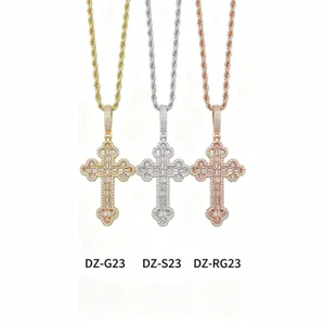 Men's Hip Hop Full Diamond Cross Necklace Stainless Steel Rope Chain Pendant Main View