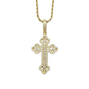 Iced out baguette cross pendant necklace hip hop gold stainless steel rope chain jewelry