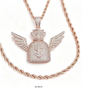 Men hip hop rose gold winged money bag pendant necklace with cubic zirconia chain.