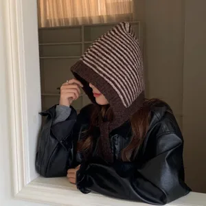 Women striped knitted balaclava winter warm ear protection woolen hat scarf integrated design
