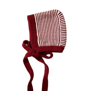 Knitted striped baby bonnet hat winter warm wine red ear protection tie-up cute cap