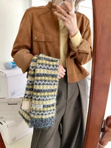 Fair Isle jacquard knitted scarf for women, cozy winter warm contrast color neck warmer.