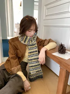 Korean style Fair Isle jacquard knit scarf for women, cozy winter warm color-blocking neckwear.