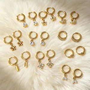 Stainless Steel Zirconia Floral Drop Earring Light Luxury Gold Plated Rhinestone Huggie Earrings For Women Trendy Jewelry