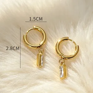 Gold stainless steel cubic zirconia drop hoop earrings, elegant fashion jewelry for women.